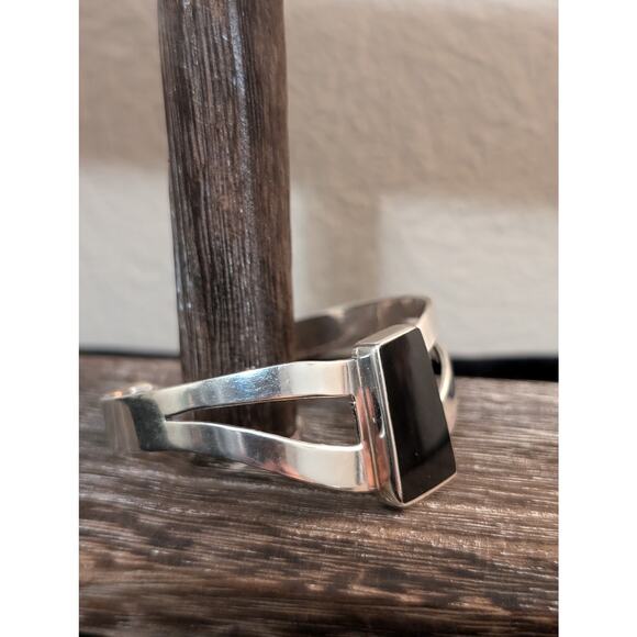 Taxco Mexico 925 Sterling Silver Black Onyx Modernist Split Band Cuff Bracelet - Picture 6 of 9
